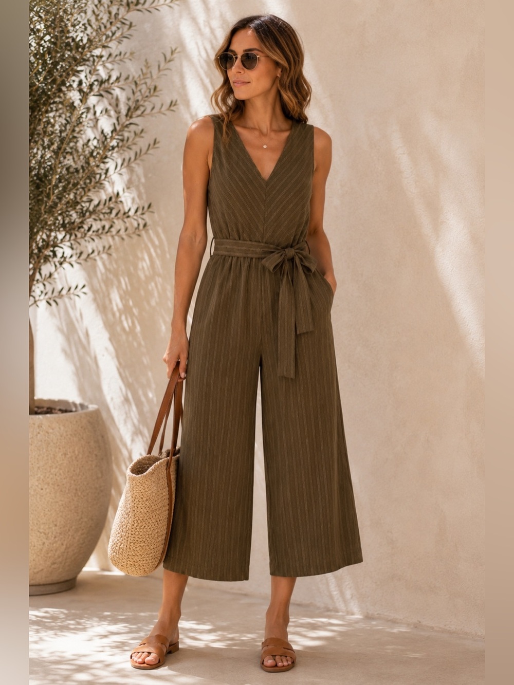 Everlane City Stripe Jumpsuit 6 Olive Brown Cropped Wide Leg Tie Waist